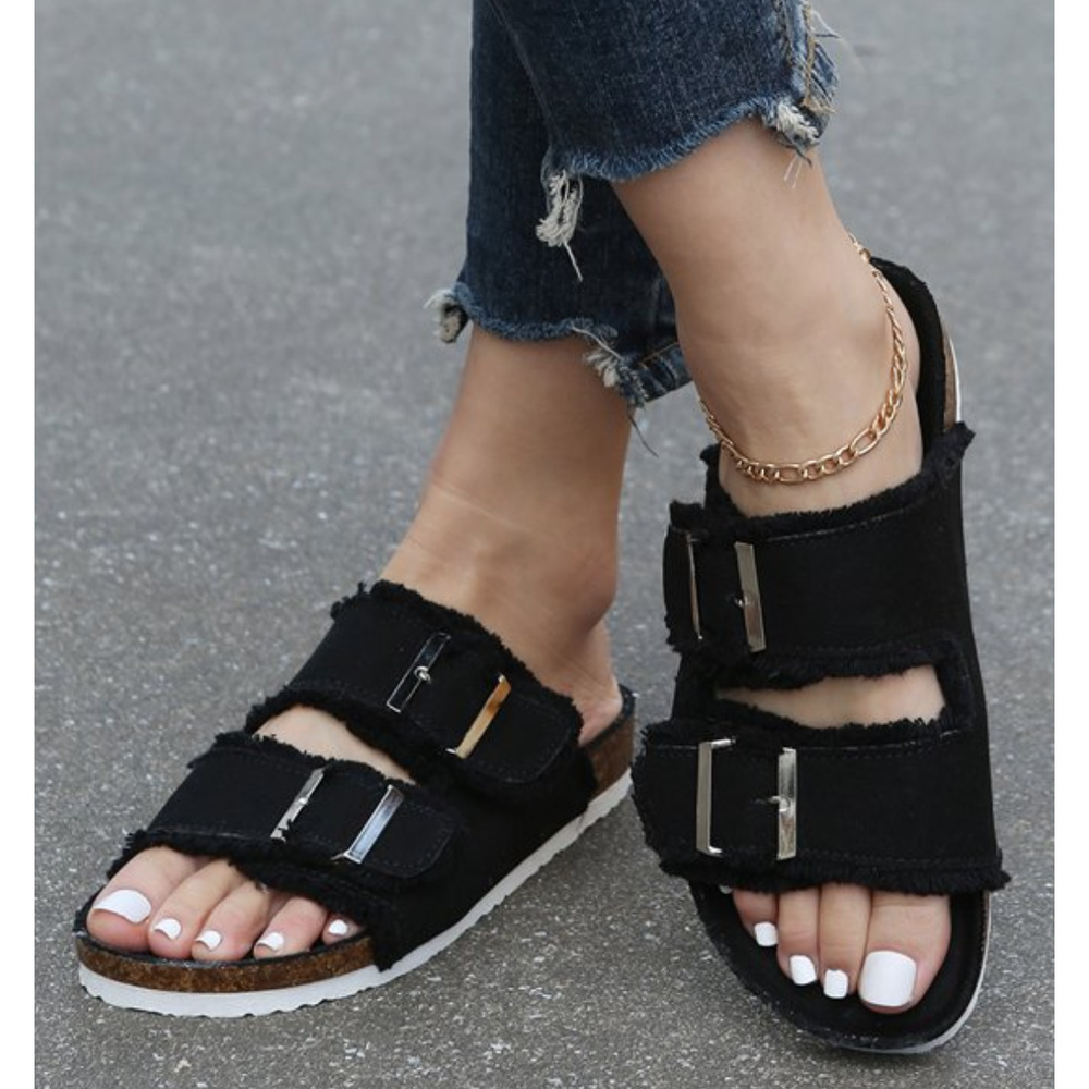 Paotmbu Black Frayed Double Strap Sandal Size‎ 6 NEW